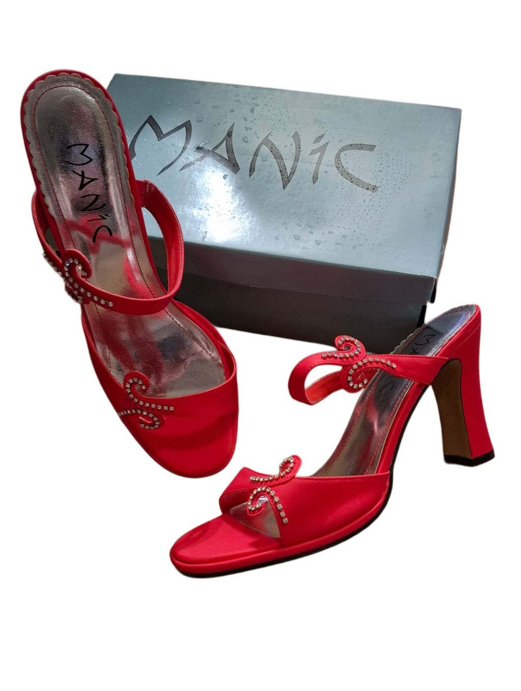 Red Satin Rhinestone-Embellished High Heel Sandals 10 Nib